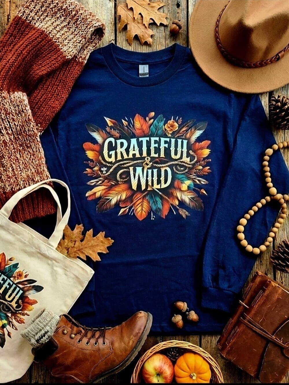 Grateful & Wild Long Sleeve Tee • Fall Floral Graphic Shirt • Autumn Nature Top